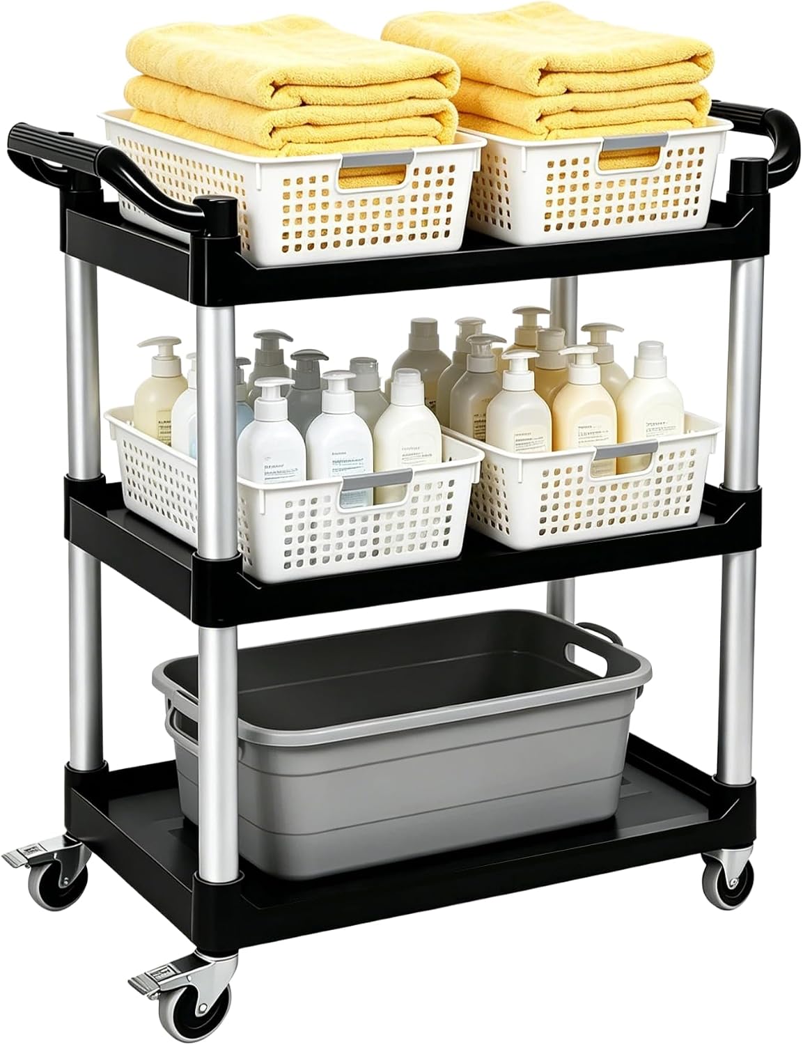 3 Tier Heavy Duty Rolling Utility Cart with Strong Wheels and Handle 500lbs Load Capacity Plastic Serving Cart for Food Commercial Garage Restaurant Kitchen, Black Storage Shelf