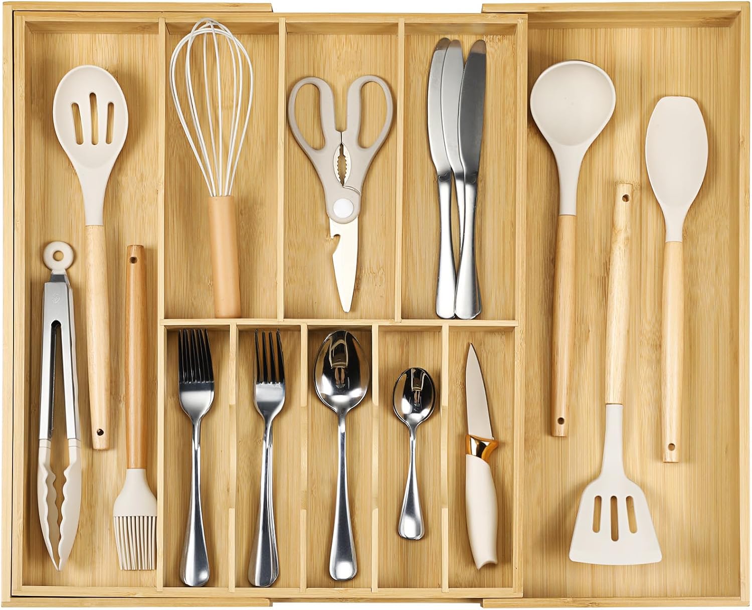 Fabsome Silverware Organizer for Cabinet Drawer, Expandable from 16.7” to 30” Wide Bamboo Wood Flatware Tray for Large Kitchen Drawers, Cutlery Utensil Holder