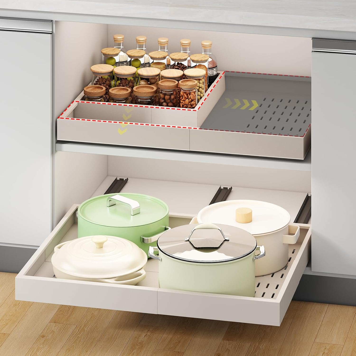 Fokyfok Pull out Cabinet Organizer,14″-21″W,17″-24″D,Expandable,Adhesive | No Drill,3 Rails,Adjustable Slide out Drawers for Kitchen,Pantry,Roll out Shelves,for Cabinets Without Lip,Bathroom,White,1PC