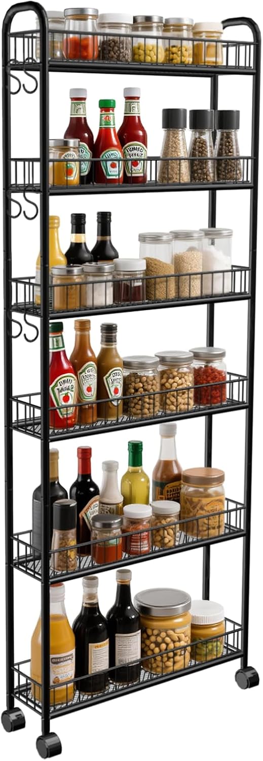 Seadasyoon 6in 6 Tier Slim Storage Cart with Wheels, Narrow Space Rolling Shelving Unit, Metal Wire Mobile Organizer Rack for Kitchen Bathroom Office Laundry