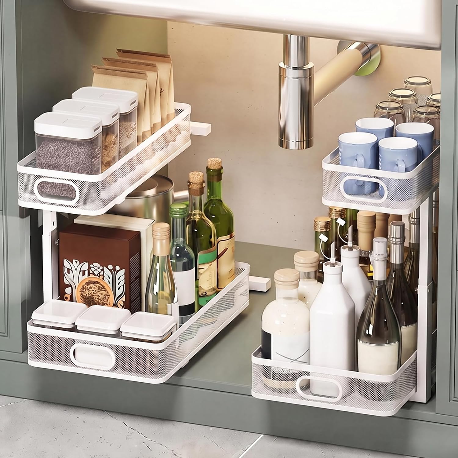 Under Sink Organizer, 2 Tier Pull Out Cabinet Organizer with Adjustable Height, Metal Sliding Storage Basket Shelf Rack for Kitchen Bathroom Pantry Closet, White, 2 Pack